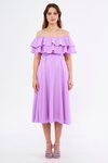 Lila Leylak Midi Dökümlü Fırfır Yaka Düşük Omuz Dokuma Kumaş Elbise