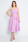 Lila Midi Kloş Pileli V Yaka Sırtı Fiyonklu Abiye Elbise