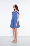Mavi Mini Pileli Kloş Ayarlanabilir Askılı Yaka Fırfır Detaylı Dokuma Abiye Elbise