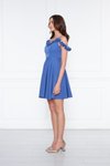 Mavi Mini Pileli Kloş Ayarlanabilir Askılı Yaka Fırfır Detaylı Dokuma Abiye Elbise