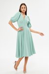 Mint Yeşili Midi Balon Kol V Yaka Korsaj Kemer Detaylı Abiye Elbise