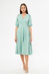 Mint Yeşili Midi Balon Kol V Yaka Korsaj Kemer Detaylı Abiye Elbise