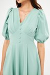 Mint Yeşili Midi Balon Kol V Yaka Korsaj Kemer Detaylı Abiye Elbise