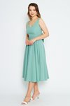 Mint Yeşili Midi Pileli Kloş Sırtı Fiyonklu V Yaka Abiye Elbise