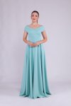 Mint Yeşili Uzun Kayık Yaka Abiye Elbise