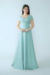 Mint Yeşili Uzun Kruvaze Düşük Omuz Kayık Yaka Abiye Elbise