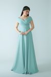Mint Yeşili Uzun Kruvaze Düşük Omuz Kayık Yaka Abiye Elbise