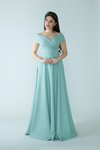 Mint Yeşili Uzun Kruvaze Düşük Omuz Kayık Yaka Abiye Elbise