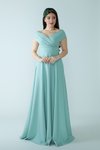 Mint Yeşili Uzun Kruvaze Düşük Omuz Kayık Yaka Abiye Elbise