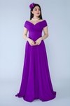 Mor Dokuma Uzun Kayık Kruvaze Yaka Düşük Omuz Dökümlü Abiye Elbise