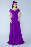 Mor Dokuma Uzun Kayık Kruvaze Yaka Düşük Omuz Dökümlü Abiye Elbise