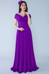 Mor Dokuma Uzun Kayık Kruvaze Yaka Düşük Omuz Dökümlü Abiye Elbise