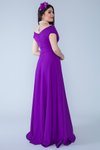 Mor Dokuma Uzun Kayık Kruvaze Yaka Düşük Omuz Dökümlü Abiye Elbise