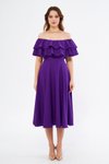 Mor Midi Dökümlü Düşük Omuz Fırfır Yaka Abiye Elbise