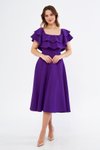 Mor Midi Dökümlü Düşük Omuz Fırfır Yaka Abiye Elbise