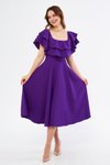 Mor Midi Dökümlü Düşük Omuz Fırfır Yaka Abiye Elbise