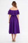 Mor Midi Dökümlü Düşük Omuz Fırfır Yaka Abiye Elbise