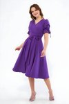 Mor Midi Kruvaze Yaka Büzgülü Kolları Lastikli Kuşaklı Elbise