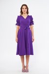 Mor Midi Kruvaze Yaka Büzgülü Kolları Lastikli Kuşaklı Elbise