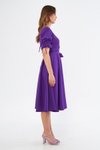 Mor Midi Kruvaze Yaka Büzgülü Kolları Lastikli Kuşaklı Elbise