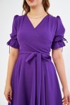 Mor Midi Kruvaze Yaka Büzgülü Kolları Lastikli Kuşaklı Elbise