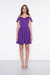 Mor Mini Pileli Kloş Ayarlanabilir Askılı Yaka Fırfır Detay Dokuma Kumaş Abiye Elbise