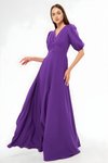 Mor Uzun Balon Kol V Yaka Korsaj Kemer Detaylı Abiye Elbise