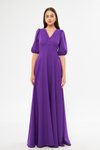 Mor Uzun Balon Kol V Yaka Korsaj Kemer Detaylı Abiye Elbise
