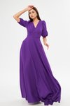 Mor Uzun Balon Kol V Yaka Korsaj Kemer Detaylı Abiye Elbise