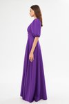 Mor Uzun Balon Kol V Yaka Korsaj Kemer Detaylı Abiye Elbise
