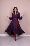 Mürdüm Bordo Uzun Kol Asimetrik Kesim Deri Kemerli Elbise