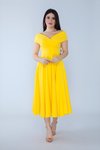 Sarı Midi Kloş Kayık Yaka Dokuma Dökümlü Abiye Elbise