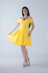 Sarı Mini Kloş Kayık Yaka Pileli Abiye Elbise