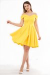 Sarı Mini Pileli Kloş Askılı Kayık Yaka Abiye Elbise