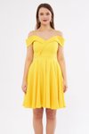 Sarı Mini Pileli Kloş Askılı Kayık Yaka Abiye Elbise