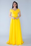 Sarı Uzun Kruvaze Kayık Yaka Düşük Omuz Abiye Elbise