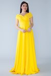 Sarı Uzun Kruvaze Kayık Yaka Düşük Omuz Abiye Elbise