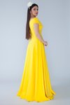 Sarı Uzun Kruvaze Kayık Yaka Düşük Omuz Abiye Elbise