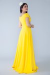 Sarı Uzun Kruvaze Kayık Yaka Düşük Omuz Abiye Elbise