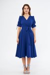 Sax Mavi Kruvaze Yaka Büzgülü Kısa Kol Kuşaklı Midi Elbise