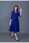Sax Mavi Midi V Yaka Cep Detaylı Elbise