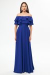 Sax Mavi Uzun Kloş Düşük Omuz Çift Kat Fırfır Detay Abiye Elbise