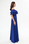 Sax Mavi Uzun Kloş Düşük Omuz Çift Kat Fırfır Detay Abiye Elbise