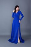 Sax Mavi Uzun Simli Kumaş Kruvaze Yaka Yırtmaçlı Abiye Elbise