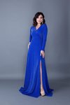 Sax Mavi Uzun Simli Kumaş Kruvaze Yaka Yırtmaçlı Abiye Elbise