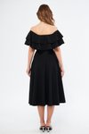 Siyah Midi Dökümlü Fırfır Yaka Düşük Omuz Dokuma Elbise