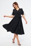 Siyah Midi Kısa Kol Kruvaze Yaka Büzgülü Kuşaklı Elbise