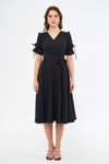 Siyah Midi Kısa Kol Kruvaze Yaka Büzgülü Kuşaklı Elbise
