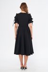 Siyah Midi Kısa Kol Kruvaze Yaka Büzgülü Kuşaklı Elbise