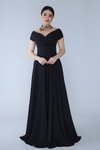 Siyah Uzun Kayık Kruvaze Yaka Düşük Omuz Abiye Elbise